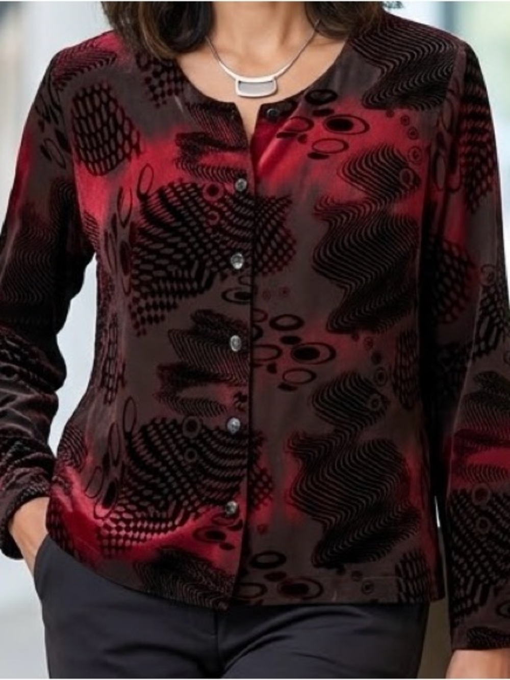 Hiroko Red Black Burnout Velvet Abstract Art Button Top Shirt Blouse Whimsigoth